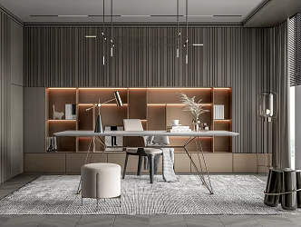 Modern Study Desk and Chair Chandelier Floor Lamp Stool Bookcase Venetian Blinds 3d model