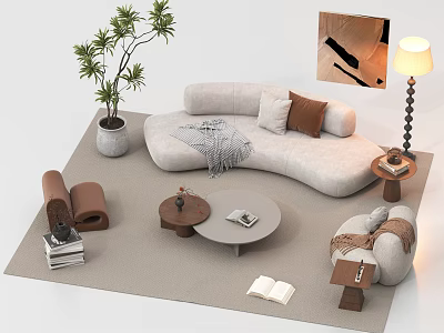 Beige Curved Sofa And Coffee Table Set With Throw Pillows Floor Lamp And Potted Plant 3d model
