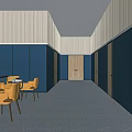 Modern Office Corridor Interior Design With Glass Partitions Wooden Walls Yellow Chairs And Gray Carpet