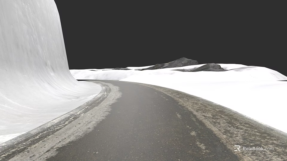 Car Moving Along Snowy Road With White Structure And Distant Mountains 3d model 