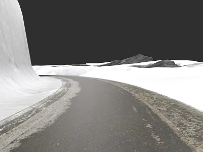 Car Moving Along Snowy Road With White Structure And Distant Mountains 3d model