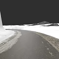 Car Moving Along Snowy Road With White Structure And Distant Mountains