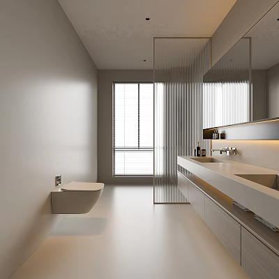Modern Bathroom Interior Design With Wall Mounted Toilet Glass Partition And Vanity 3d model