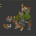 Colorful Cartoon Scenery Featuring Castle Green Hill And Orange Roof Small Buildings