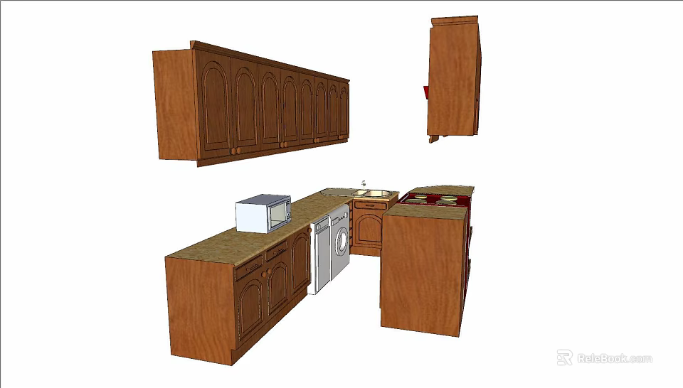 Wooden Kitchen Cabinets With Hanging Units Base Cabinets Countertop Microwave Sink And Stove 3d model 
