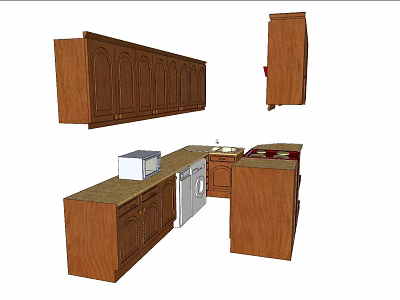 Wooden Kitchen Cabinets With Hanging Units Base Cabinets Countertop Microwave Sink And Stove 3d model