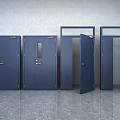 Dark Blue Doors With Closed And Open States In Gray Wall Interior Setting 3d model