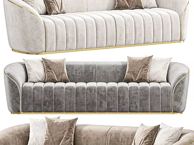 Modern Velvet Sectional Sofa With Gold Trim Decorative Pillows And Gray Beige Upholstery 3d model