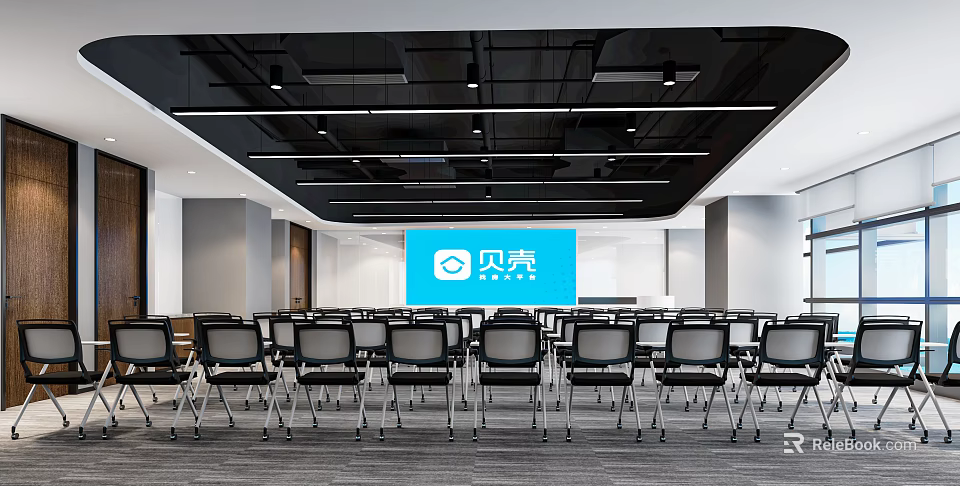 Modern Conference Room with Arranged Black Chairs Blue Screen And Black Ceiling 3d model 