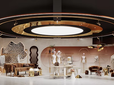 Elegant Modern Clothing Store Interior With Mannequins Display Racks And Decorative Lighting 3d model