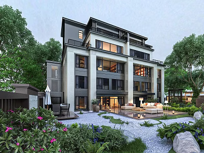Detached Villa With Modern Architecture Lush Greenery And Outdoor Courtyard Space 3d model