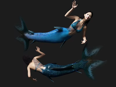 Mermaid Woman With Blue Tail And Sparkling Black Tail Floating In Dark Background 3d model