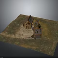 Rustic Small Houses With Gabled Roofs Wooden Structures Grass And Dirt Path