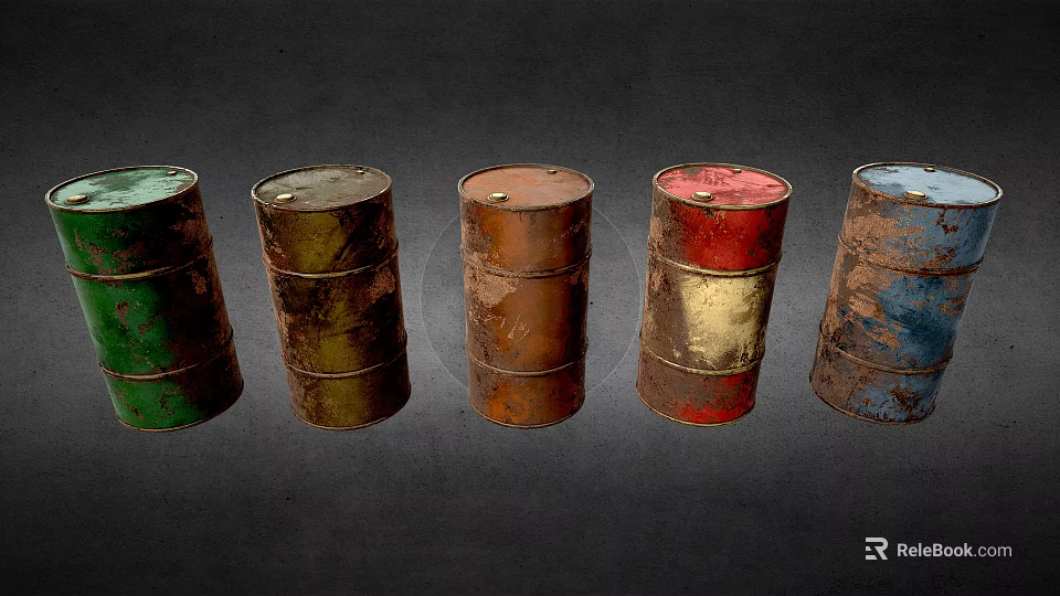 Rusted Metal Drums As Industrial Equipment With Various Colors In Arranged 3d model 