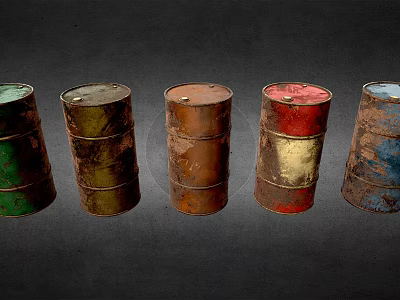 Rusted Metal Drums As Industrial Equipment With Various Colors In Arranged 3d model