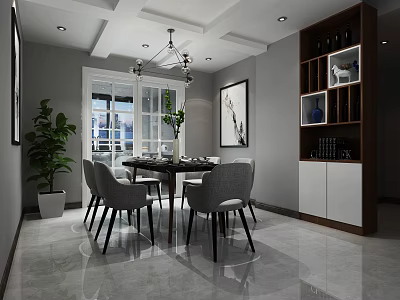Modern Restaurant Interior Featuring Dining Table Chairs Chandelier Window Plant And Decorative Painting 3d model