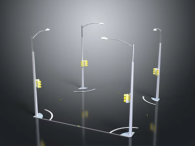 Urban Street Lamps Design With Traffic Lights And Metal Poles On Roadside 3d model