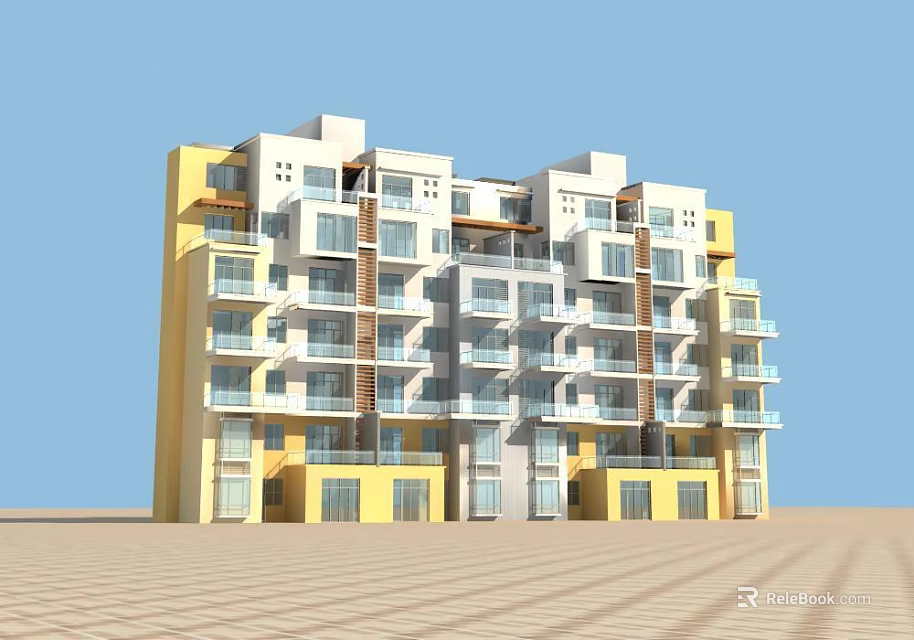 Multi Story Yellow And White Apartment Building With Multiple Balconies Blue Sky Background 3d model 