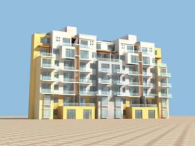Multi Story Yellow And White Apartment Building With Multiple Balconies Blue Sky Background 3d model