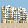 Multi Story Yellow And White Apartment Building With Multiple Balconies Blue Sky Background
