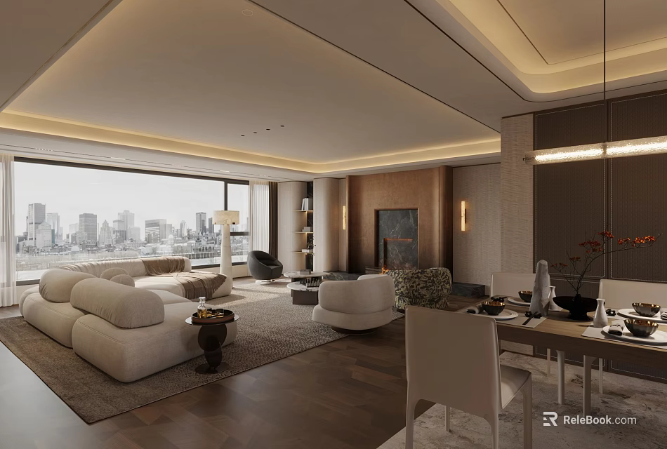Modern Living And Dining Room With City View Large Windows Beige Sofa And Dining Table 3d model 