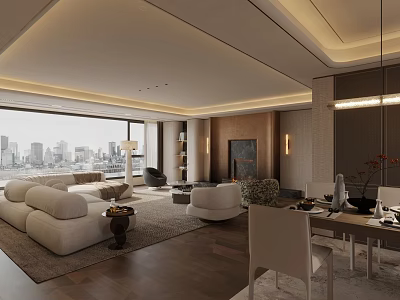 Modern Living And Dining Room With City View Large Windows Beige Sofa And Dining Table 3d model