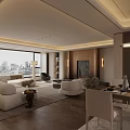 Modern Living And Dining Room With City View Large Windows Beige Sofa And Dining Table