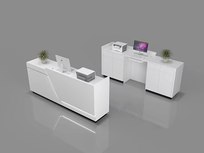 Modern White Reception Desk Design With Computer Printer And Potted Plants 3d model
