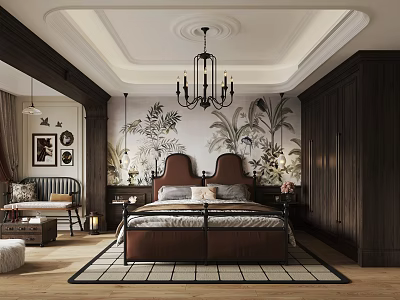 Elegant Vintage Bedroom Interior With Dark Wood Furniture And Floral Wall Mural 3d model
