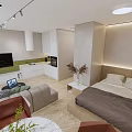 Modern Apartment Interior With Open Layout Sofa TV Bed And Kitchen Cabinets