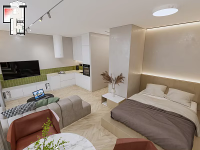 Modern Apartment Interior With Open Layout Sofa TV Bed And Kitchen Cabinets 3d model