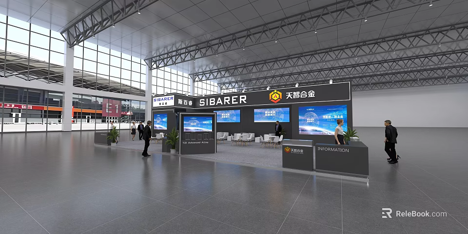 Modern Exhibition Booth With Branded Signage And Digital Screens In Large Exhibition Hall 3d model 