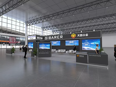 Modern Exhibition Booth With Branded Signage And Digital Screens In Large Exhibition Hall 3d model