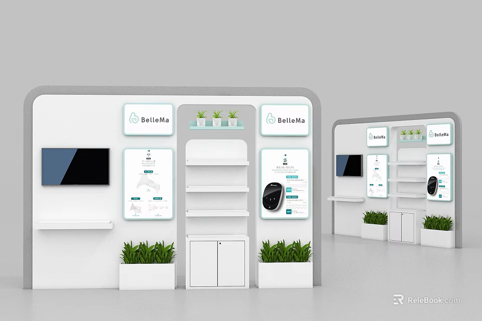 Exhibition Display Backdrop With Shelves Digital Screen Info Graphics And Green Plants 3d model 