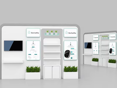 Exhibition Display Backdrop With Shelves Digital Screen Info Graphics And Green Plants 3d model