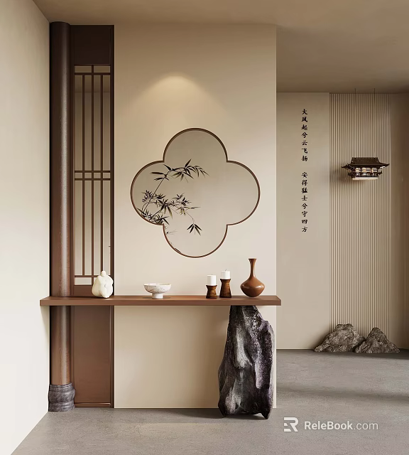 Traditional Chinese Interior With Circular Bamboo Painting Wooden Screen And Decorative Vase 3d model 
