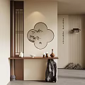 Traditional Chinese Interior With Circular Bamboo Painting Wooden Screen And Decorative Vase