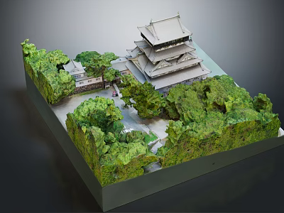 Traditional Ancient Architecture Model With Multi Tiered Tower And Lush Greenery Surroundings 3d model