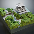 Traditional Ancient Architecture Model With Multi Tiered Tower And Lush Greenery Surroundings