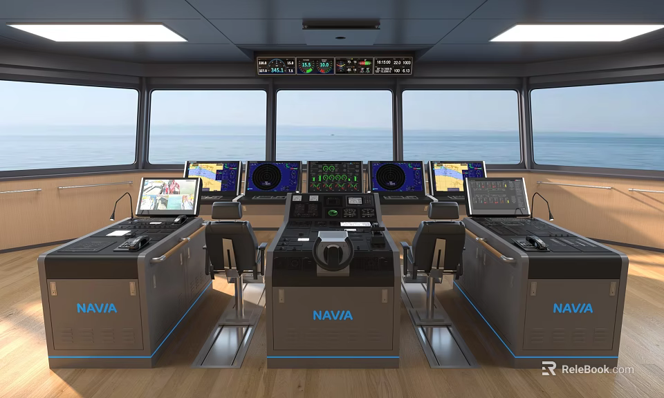Ship Bridge Interior With NAVIA Control Panels Multiple Screens And Ocean View 3d model