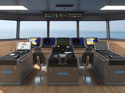Ship Bridge Interior With NAVIA Control Panels Multiple Screens And Ocean View 3d model