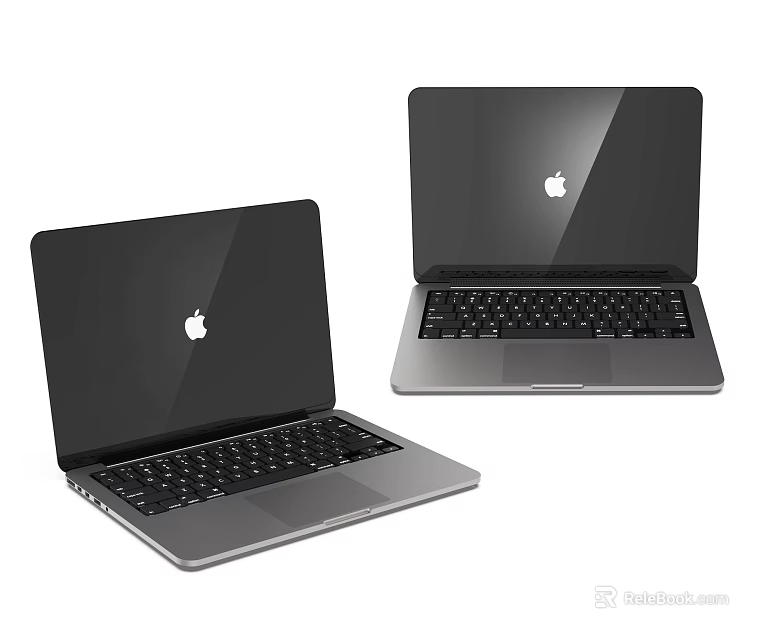 Two Apple Laptops with Silver Body Black Screen and Keyboard Open and Closed 3d model 