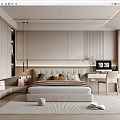 Modern Elegant Bedroom Interior With Upholstered Headboard Built In Wardrobe Desk Chair And Area Rug