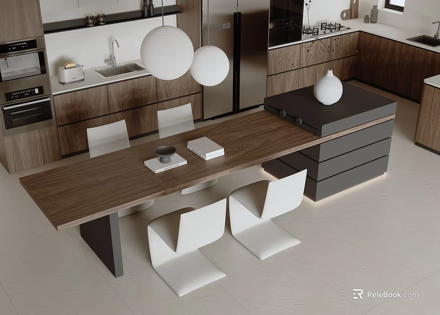 Modern Wooden Dining Table Set With White Chairs Dark Wood Top And Drawers 3d model 
