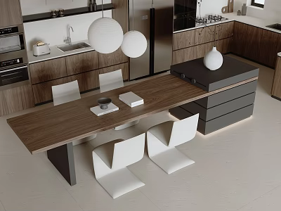 Modern Wooden Dining Table Set With White Chairs Dark Wood Top And Drawers 3d model