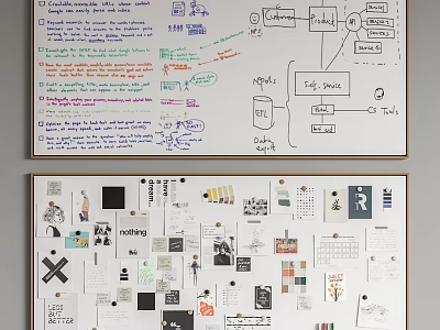 Instruments and Art Supplies Creative Display on Whiteboard with Notes and 3d model