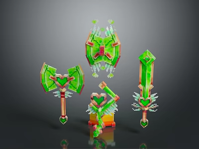 Green Fantasy Weapons Collection Featuring Axe Sword Shield With Heart Shaped Decorations And Crystal Elements 3d model