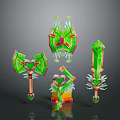 Green Fantasy Weapons Collection Featuring Axe Sword Shield With Heart Shaped Decorations And Crystal Elements