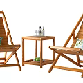 Four Wooden Lounge Chairs With Matching Side Table And Comfortable Green Cushion