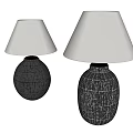 Contemporary Table Lamps With Spherical Gold Base Geometric Line Patterns And Light Colored Lampshade 3d model